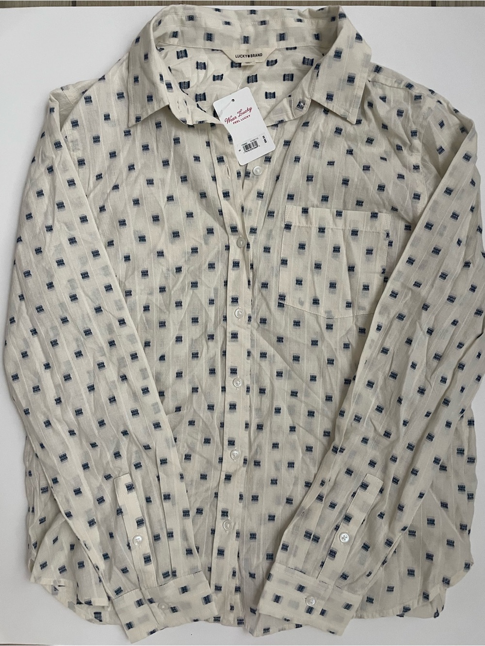 NWT Lucky Brand Women’s Button Down Blouse Size Small Ivory Blue Print